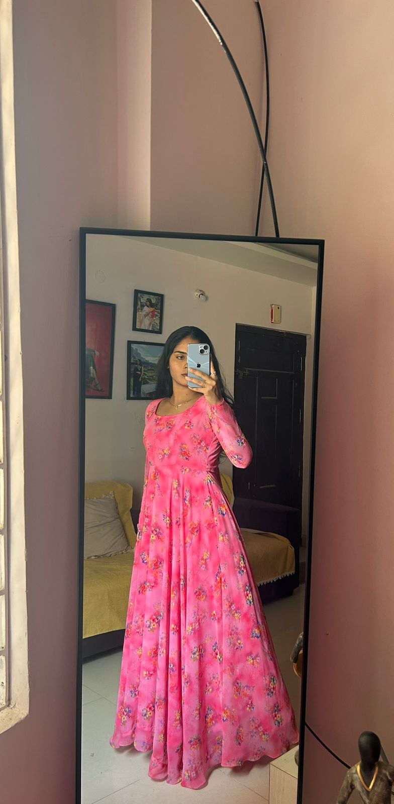 Floral georgette pink long frock with full sleeves