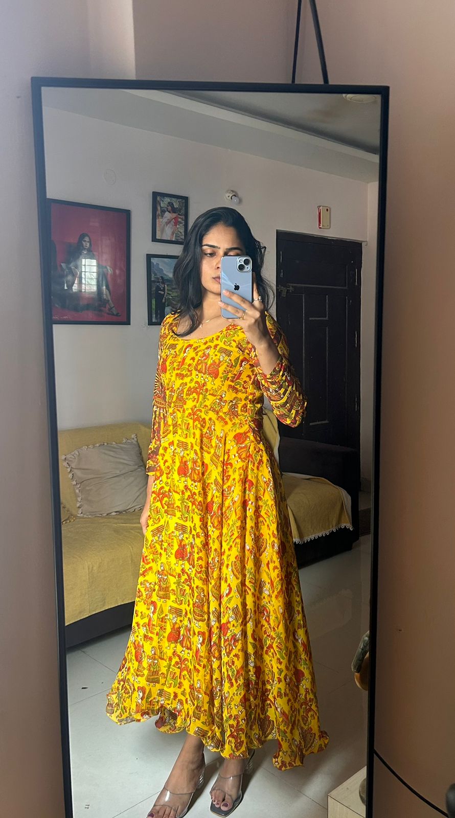 Yellow Soft kalamkari frocks with full sleeves - Image 2