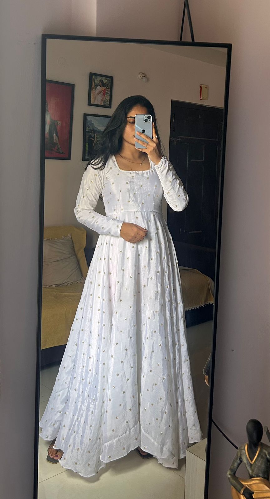 White anarkali with golden thread work and full sleeves