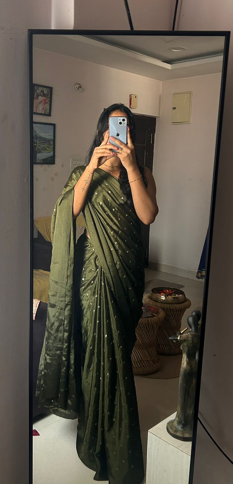 Green saree with golden buttas