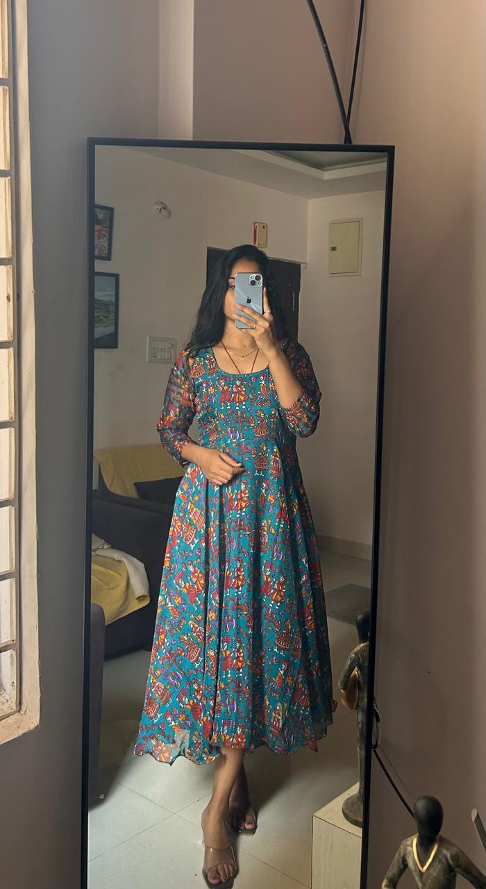 light blue Soft kalamkari frocks with full sleeves